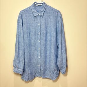 Zara 100% Linen Shirt Men M Casual Button Up Striped Blue Beachy Preppy Coastal